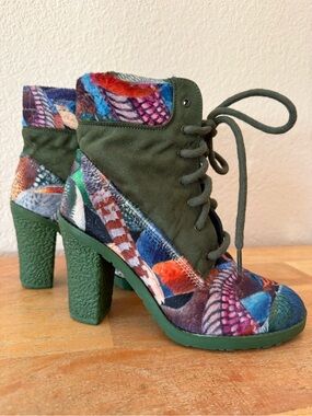 Desigual Caquis Olive Green Multi-Pattern Lace-Up Block Heel Ankle Boots